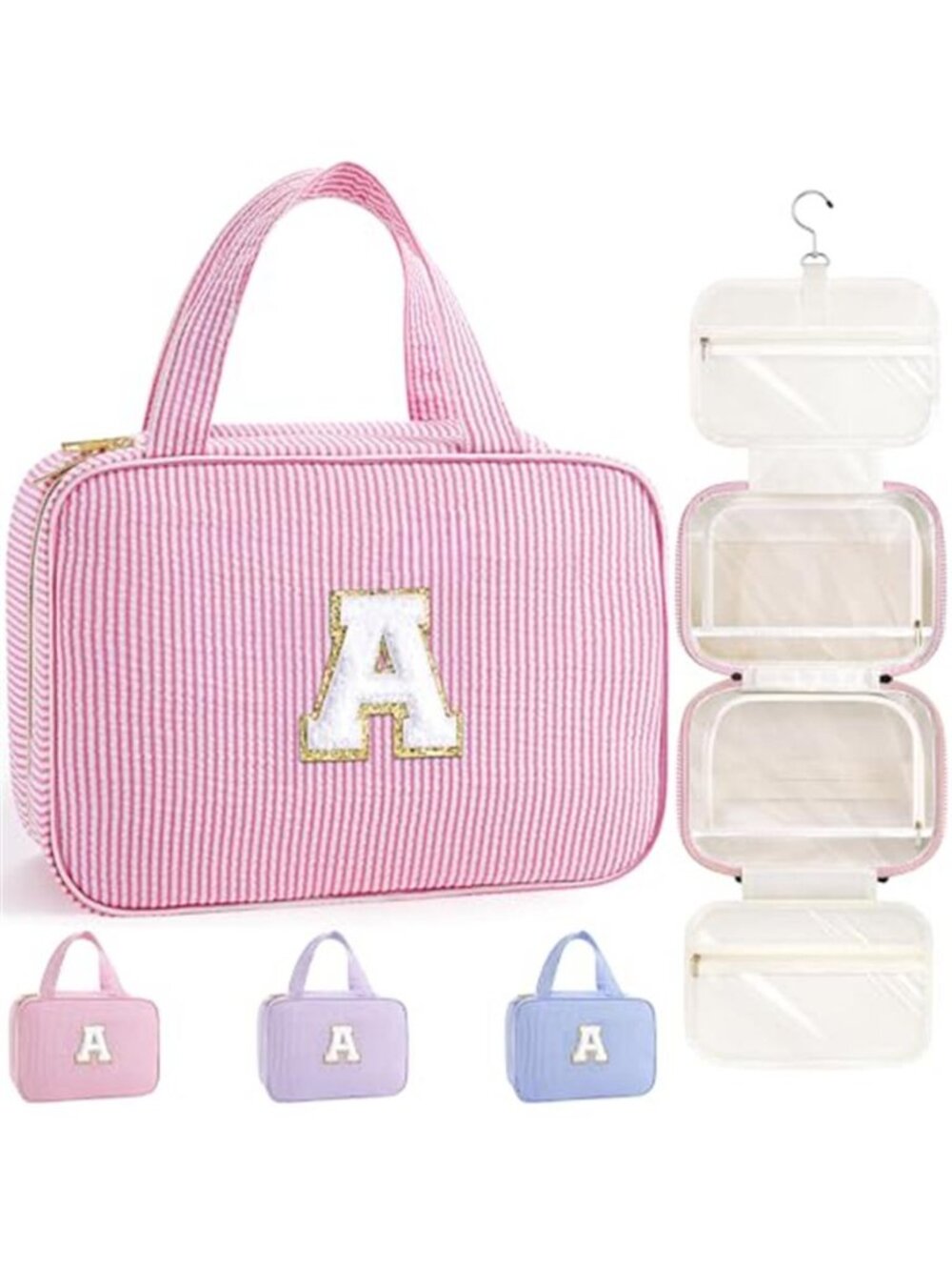 Pink Personalized Initial Hanging Toiletry Bag Travel Makeup Cosmetic Organizer
